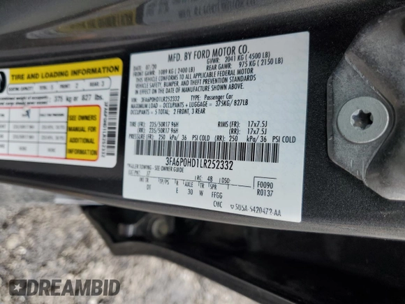 2020 Ford Fusion SE z VIN 3FA6P0HD1LR252332, wystawiony jako Copart lot #58123365 z przebiegiem 76 410 mil mil oraz Szkoda całkowita • Salvage title. Historia ofert i sprzedaży dostępna na DreamBid. Obrazek 12.