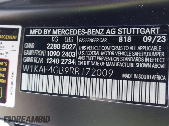 2024 Mercedes-Benz C 300 with VIN W1KAF4GB9RR172009, listed as a IAAI auction lot 41943081 with 17,936 mi miles and . Bid and sale history available at DreamBid. Image 9.