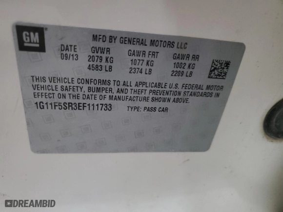 2014 Chevrolet Malibu ECO with VIN 1G11F5SR3EF111733, listed as a Copart auction lot 51429065 with 92,401 mi miles and Salvage Title. Bid and sale history available at carsss.com. Image 12.