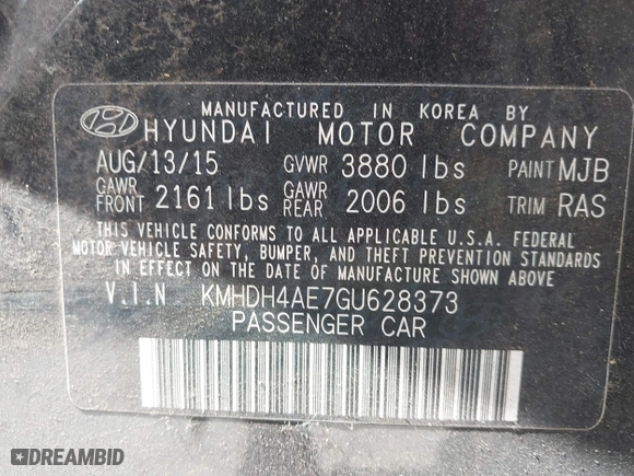 2016 Hyundai Elantra SE with VIN KMHDH4AE7GU628373, listed as a IAAI auction lot 41936414 with 55,609 mi miles. Bid and sale history available at carsss.com. Image 9.