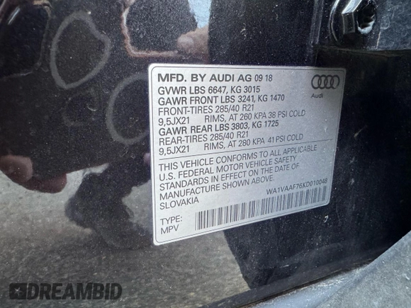 2019 Audi Q7 Prestige with VIN WA1VAAF76KD010048, listed as a Copart auction lot 49543535 with 127,196 mi miles and Clean Title. Bid and sale history available at carsss.com. Image 10.