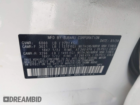 2024 Subaru Ascent Premium с VIN 4S4WMAED3R3420312, выставлен на аукционе IAAI как лот 42108263 с пробегом 8 504 миль миль и . История ставок и продаж доступна на DreamBid. Изображение 9.