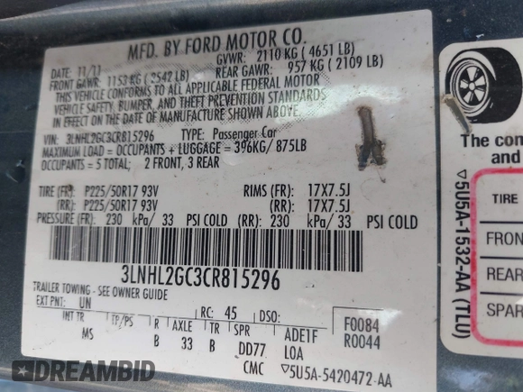2012 Lincoln MKZ with VIN 3LNHL2GC3CR815296, listed as a IAAI auction lot 42553069 with 212,570 mi miles and . Bid and sale history available at DreamBid. Image 9.