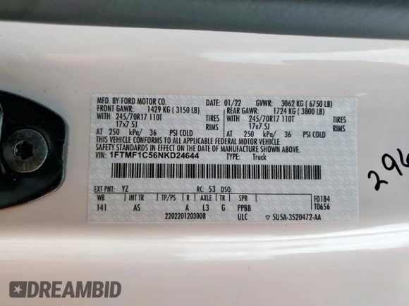 2022 Ford F-150 XL with VIN 1FTMF1C56NKD24644, listed as a Copart auction lot 63307315 with 64,704 mi miles and Salvage title. Bid and sale history available at DreamBid. Image 13.