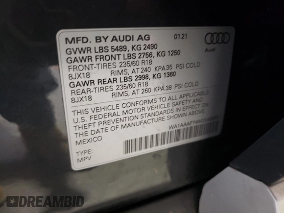 2021 Audi Q5 Premium z VIN WA1AAAFY4M2049968, wystawiony jako Copart lot #57229695 z przebiegiem 48 316 mil mil oraz Szkoda całkowita • Salvage title. Historia ofert i sprzedaży dostępna na DreamBid. Obrazek 13.