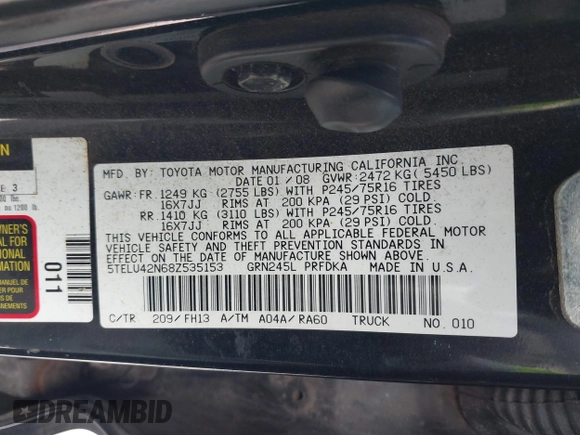 2008 Toyota Tacoma with VIN 5TELU42N68Z535153, listed as a IAAI auction lot 41973129 with 195,749 mi miles and . Bid and sale history available at DreamBid. Image 9.