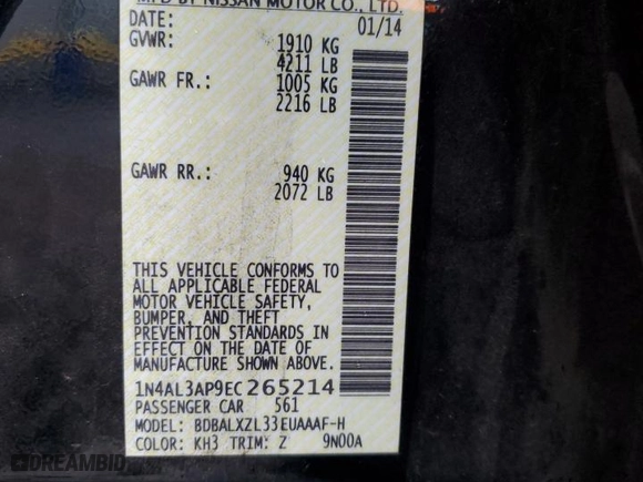 2014 Nissan Altima 2.5 SL with VIN 1N4AL3AP9EC265214, listed as a Copart auction lot 88171005 with 169,422 mi miles and Salvage Title. Bid and sale history available at carsss.com. Image 13.