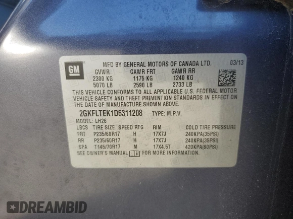 2013 GMC Terrain SLE with VIN 2GKFLTEK1D6311208, listed as a Copart auction lot 55738135 with 85,599 mi miles and Salvage title. Bid and sale history available at DreamBid. Image 12.