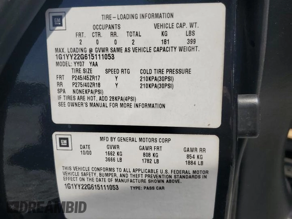 2001 Chevrolet Corvette with VIN 1G1YY22G615111053, listed as a Copart auction lot 55229005 with 33,555 mi miles and Salvage Title. Bid and sale history available at DreamBid. Image 12.