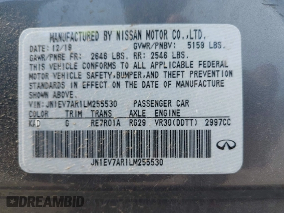 2020 Infiniti Q50 Luxe with VIN JN1EV7AR1LM255530, listed as a IAAI auction lot 42402566 with 58,807 mi miles and . Bid and sale history available at DreamBid. Image 9.