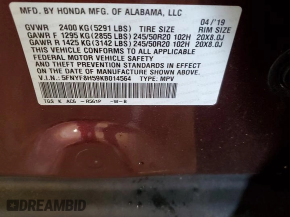 2019 Honda Passport EX-L with VIN 5FNYF8H59KB014564, listed as a Copart auction lot 47275675 with Not provided miles and Salvage title. Bid and sale history available at DreamBid. Image 14.