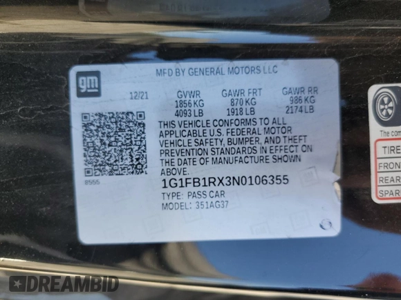 2022 Chevrolet Camaro 1LT with VIN 1G1FB1RX3N0106355, listed as a Copart auction lot 57302365 with 37,733 mi miles and Salvage title. Bid and sale history available at DreamBid. Image 12.