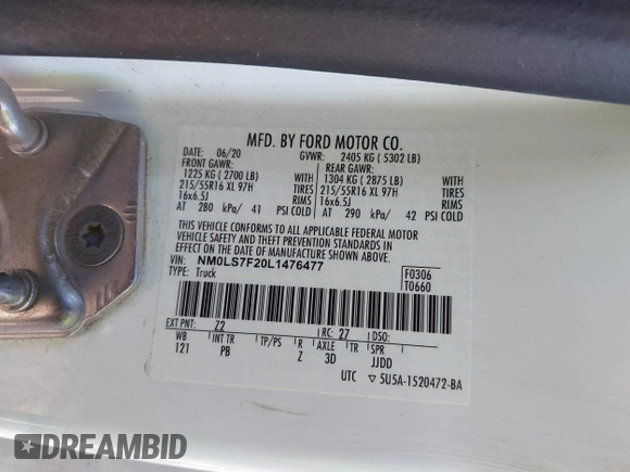 2020 Ford Transit Connect XLT with VIN NM0LS7F20L1476477, listed as a IAAI auction lot 41210937 with 41,598 mi miles and . Bid and sale history available at DreamBid. Image 9.