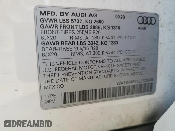 2020 Audi SQ5 Premium Plus with VIN WA1B4AFY7L2123488, listed as a Copart auction lot 36970294 with 56,997 mi miles and . Bid and sale history available at DreamBid. Image 13.