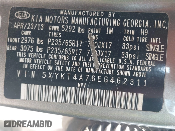 2014 Kia Sorento LX with VIN 5XYKT4A76EG462311, listed as a IAAI auction lot 41884030 with 139,030 mi miles and . Bid and sale history available at carsss.com. Image 9.