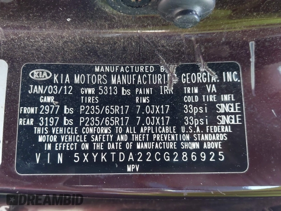 2012 Kia Sorento LX with VIN 5XYKTDA22CG286925, listed as a IAAI auction lot 41766103 with 163,522 mi miles. Bid and sale history available at carsss.com. Image 9.