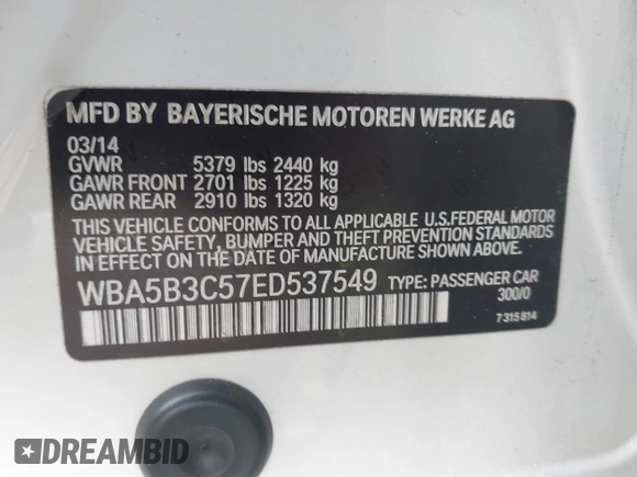 2014 BMW 5 Series 535i xDrive with VIN WBA5B3C57ED537549, listed as a IAAI auction lot 41047583 with 69,005 mi miles and . Bid and sale history available at carsss.com. Image 9.