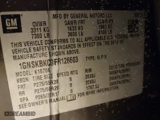 2015 Chevrolet Tahoe LT with VIN 1GNSKBKC9FR126603, listed as a IAAI auction lot 41378759 with 1 mi miles. Bid and sale history available at carsss.com. Image 9.