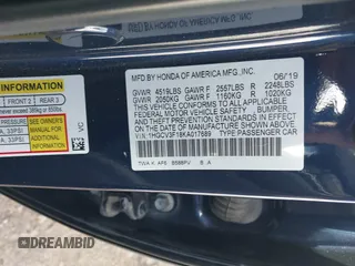 2019 Honda Accord with VIN 1HGCV3F18KA017689, listed as a IAAI auction lot 41030081 with 122,290 mi miles and . Bid and sale history available at DreamBid. Image 9.