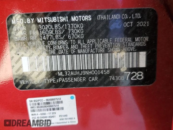 2022 Mitsubishi Mirage ES z VIN ML32AUHJ9NH001458, wystawiony jako Copart lot #48800135 z przebiegiem 39 722 mil mil oraz Szkoda całkowita • Salvage title. Historia ofert i sprzedaży dostępna na DreamBid. Obrazek 15.
