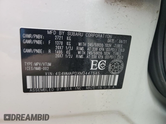 2021 Subaru Ascent Limited with VIN 4S4WMAPDXM3447545, listed as a Copart auction lot 56327535 with Not provided miles and Salvage title. Bid and sale history available at DreamBid. Image 14.
