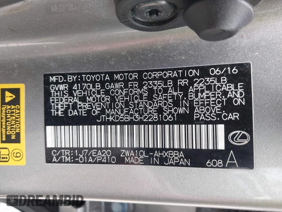 2017 Lexus CT with VIN JTHKD5BH3H2281061, listed as a IAAI auction lot 41936253 with 158,674 mi miles. Bid and sale history available at carsss.com. Image 9.