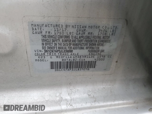 2018 Nissan Versa SV с VIN 3N1CN7AP3JL839098, выставлен на аукционе Copart как лот 84611954 с пробегом 247 385 миль миль и Чистый • Clean title. История ставок и продаж доступна на DreamBid. Изображение 12.