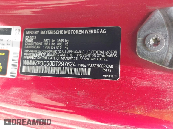 2013 MINI Convertible S z VIN WMWZP3C50DT297624, wystawiony jako IAAI lot #42558374 z przebiegiem 55 106 mil mil oraz . Historia ofert i sprzedaży dostępna na DreamBid. Obrazek 9.