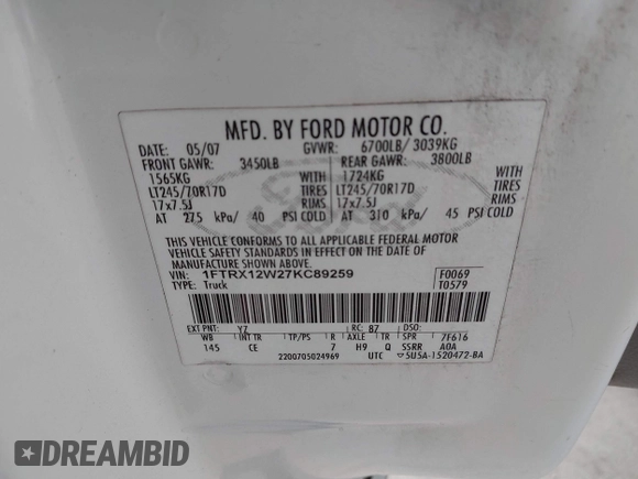 2007 Ford F-150 STX with VIN 1FTRX12W27KC89259, listed as a IAAI auction lot 41708460 with Not Provided miles and . Bid and sale history available at DreamBid. Image 9.