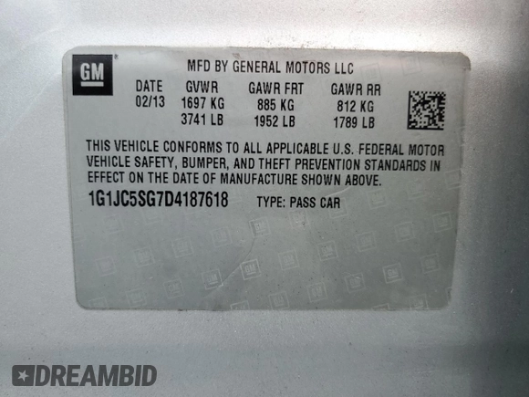 2013 Chevrolet Sonic LT with VIN 1G1JC5SG7D4187618, listed as a Copart auction lot 51382645 with 100,047 mi miles and Salvage Title. Bid and sale history available at carsss.com. Image 14.