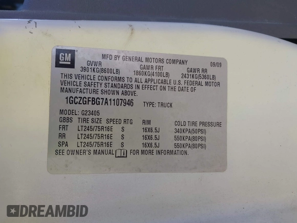 2010 Chevrolet Express Cargo with VIN 1GCZGFBG7A1107946, listed as a IAAI auction lot 40834732 with 247,844 mi miles and . Bid and sale history available at DreamBid. Image 9.