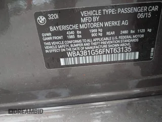 2015 BMW 3 Series 320i with VIN WBA3B1G56FNT63135, listed as a IAAI auction lot 42244926 with Not provided miles and . Bid and sale history available at DreamBid. Image 9.