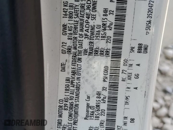 2013 Ford Fiesta SE with VIN 3FADP4EJ6DM114017, listed as a Copart auction lot 52605365 with 174,521 mi miles and Salvage Title. Bid and sale history available at carsss.com. Image 12.