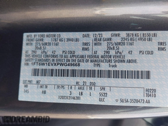2023 Ford F-150 Lightning Pro с VIN 1FT6W1EVXPWG49668, выставлен на аукционе IAAI как лот 42269881 с пробегом 15 012 миль миль и . История ставок и продаж доступна на DreamBid. Изображение 9.