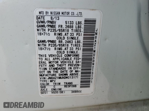 2013 Nissan Murano SV z VIN JN8AZ1MUXDW213171, wystawiony jako Copart lot #56042265 z przebiegiem 118 278 mil mil oraz Szkoda całkowita • Salvage title. Historia ofert i sprzedaży dostępna na DreamBid. Obrazek 13.
