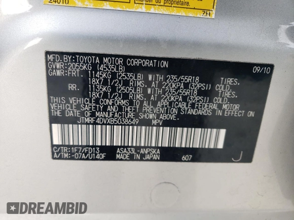 2011 Toyota RAV4 Sport z VIN JTMRF4DVXB5038649, wystawiony jako Copart lot #44955305 z przebiegiem Nie podano mil oraz Szkoda całkowita • Salvage title. Historia ofert i sprzedaży dostępna na DreamBid. Obrazek 13.