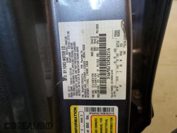 2013 Ford Fusion S with VIN 3FA6P0G7XDR262516, listed as a Copart auction lot 54753935 with 230,038 mi miles and Salvage Title. Bid and sale history available at DreamBid. Image 13.
