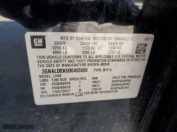 2013 Chevrolet Equinox LT with VIN 2GNALDEK6D6403000, listed as a Copart auction lot 52971975 with 145,241 mi miles and Clean Title. Bid and sale history available at carsss.com. Image 12.