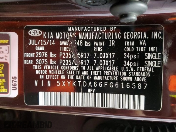 2015 Kia Sorento LX with VIN 5XYKTDA66FG616587, listed as a Copart auction lot 50410775 with 181,900 mi miles and Clean Title. Bid and sale history available at DreamBid. Image 13.