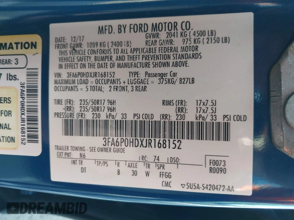 2018 Ford Fusion SE with VIN 3FA6P0HDXJR168152, listed as a IAAI auction lot 41740165 with 129,636 mi miles. Bid and sale history available at carsss.com. Image 9.