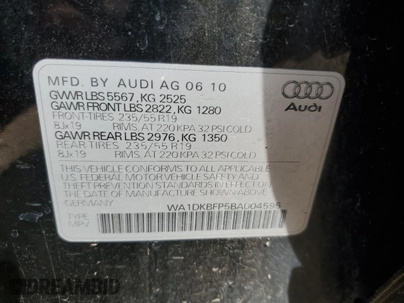 2011 Audi Q5 Premium Plus с VIN WA1DKBFP5BA004595, выставлен на аукционе Copart как лот 55610465 с пробегом Не указан миль и На запчасти • Non repairable. История ставок и продаж доступна на DreamBid. Изображение 13.