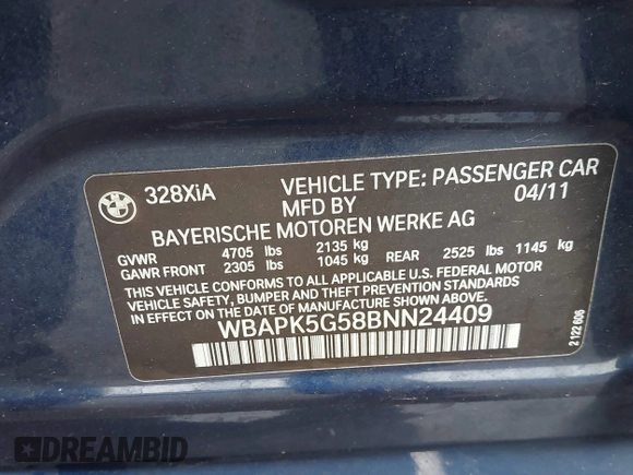 2011 BMW 3 Series 328i xDrive with VIN WBAPK5G58BNN24409, listed as a IAAI auction lot 42029333 with 100,819 mi miles and . Bid and sale history available at DreamBid. Image 9.