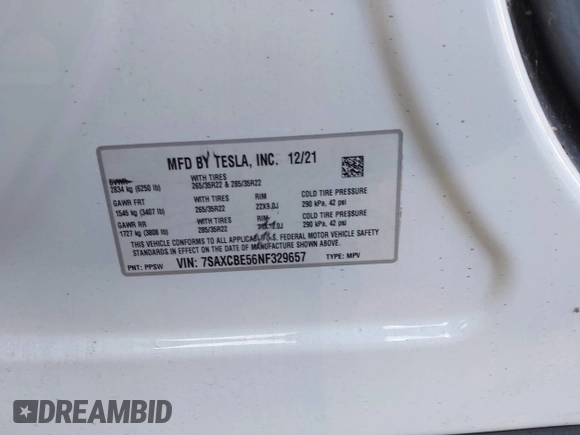 2022 Tesla Model X with VIN 7SAXCBE56NF329657, listed as a IAAI auction lot 41400629 with Not Provided miles and . Bid and sale history available at DreamBid. Image 9.
