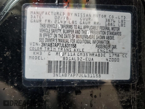 2018 Nissan Sentra SV with VIN 3N1AB7AP7JL631158, listed as a Copart auction lot 51837225 with Not Provided miles and Salvage Title. Bid and sale history available at DreamBid. Image 12.