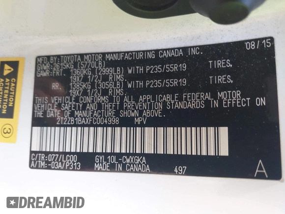 2015 Lexus RX 450h with VIN 2T2ZB1BAXFC004998, listed as a IAAI auction lot 41986735 with Not Provided miles and . Bid and sale history available at DreamBid. Image 9.