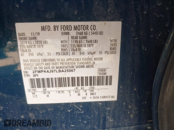 2020 Ford Edge SEL with VIN 2FMPK4J97LBA25067, listed as a IAAI auction lot 41824744 with 100,232 mi miles. Bid and sale history available at carsss.com. Image 9.