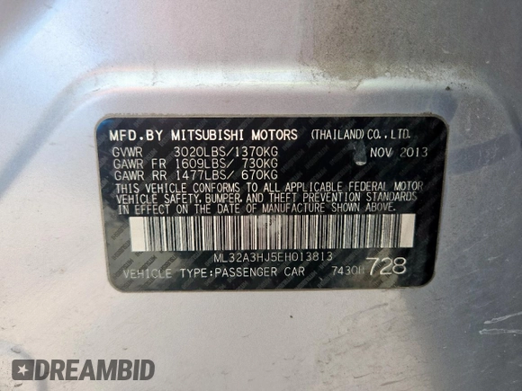 2014 Mitsubishi Mirage DE with VIN ML32A3HJ5EH013813, listed as a Copart auction lot 62671415 with 145,712 mi miles and Salvage title. Bid and sale history available at DreamBid. Image 12.