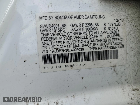 2018 Acura ILX with VIN 19UDE2F30JA002036, listed as a Copart auction lot 46244065 with 76,610 mi miles and Salvage title. Bid and sale history available at DreamBid. Image 12.