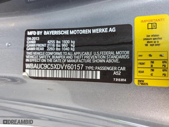 2013 BMW 1 Series 135i with VIN WBAUC9C5XDVY60157, listed as a Copart auction lot 46283975 with 192,388 mi miles and Clean Title. Bid and sale history available at carsss.com. Image 12.
