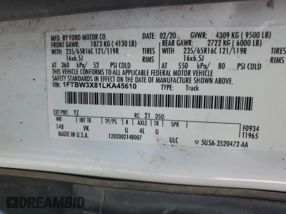 2020 Ford Transit Cargo with VIN 1FTBW3X81LKA45610, listed as a Copart auction lot 50206325 with 154,697 mi miles and Clean Title. Bid and sale history available at DreamBid. Image 13.